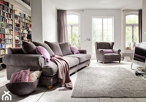 Meble wypoczynkowe - Mały szary salon z bibiloteczką, styl minimalistyczny - zdjęcie od Primavera Furniture