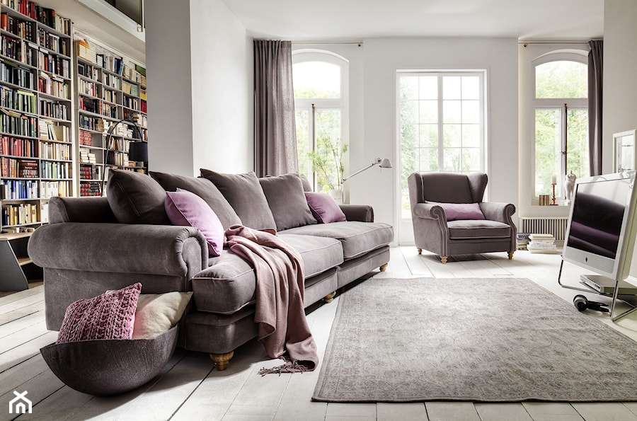 Meble wypoczynkowe - Mały szary salon z bibiloteczką, styl minimalistyczny - zdjęcie od Primavera Furniture