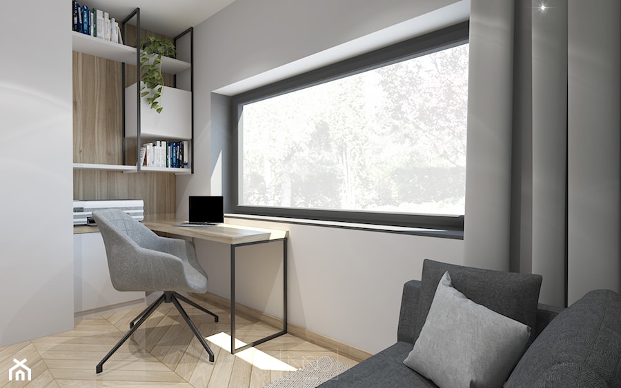 Dom, w którym szlachetne materiały spotykają nowoczesne formy - Małe z sofą z zabudowanym biurkiem białe biuro - zdjęcie od GRUPA NONO