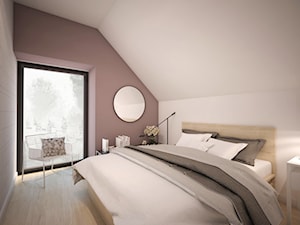 Dom minimalistów - Średnia biała fioletowa sypialnia na poddaszu z balkonem / tarasem - zdjęcie od GRUPA NONO