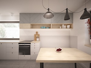 Dom minimalistów - Średnia zamknięta biała szara z zabudowaną lodówką z podblatowym zlewozmywakiem kuchnia w kształcie litery l z oknem - zdjęcie od GRUPA NONO