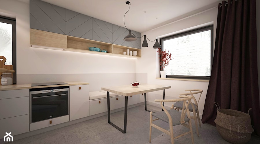 Dom minimalistów - Średnia zamknięta biała szara z zabudowaną lodówką kuchnia jednorzędowa z oknem - zdjęcie od GRUPA NONO