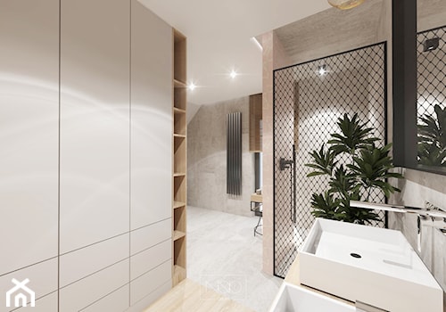 Dom, w którym szlachetne materiały spotykają nowoczesne formy - Mała bez okna z lustrem z marmurową podłogą z punktowym oświetleniem łazienka - zdjęcie od GRUPA NONO