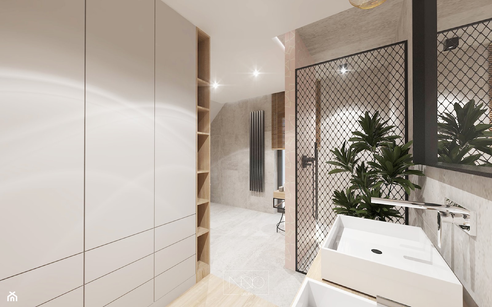 Dom, w którym szlachetne materiały spotykają nowoczesne formy - Mała bez okna z lustrem z marmurową podłogą z punktowym oświetleniem łazienka - zdjęcie od GRUPA NONO - Homebook