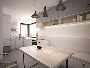 Dom minimalistów - Duża otwarta biała szara z zabudowaną lodówką z nablatowym zlewozmywakiem kuchnia w kształcie litery l z oknem z marmurową podłogą - zdjęcie od GRUPA NONO