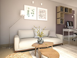 Krok do przytulności - Mały biały fioletowy salon z bibiloteczką - zdjęcie od GRUPA NONO