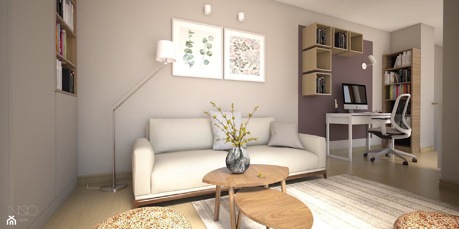 Krok do przytulności - Mały biały fioletowy salon z bibiloteczką - zdjęcie od GRUPA NONO - Homebook