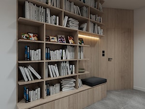 Projekt wnętrz mieszkania w Toruniu /4/ - geometryczny korytarz/ regał - zdjęcie od YONO Architecture