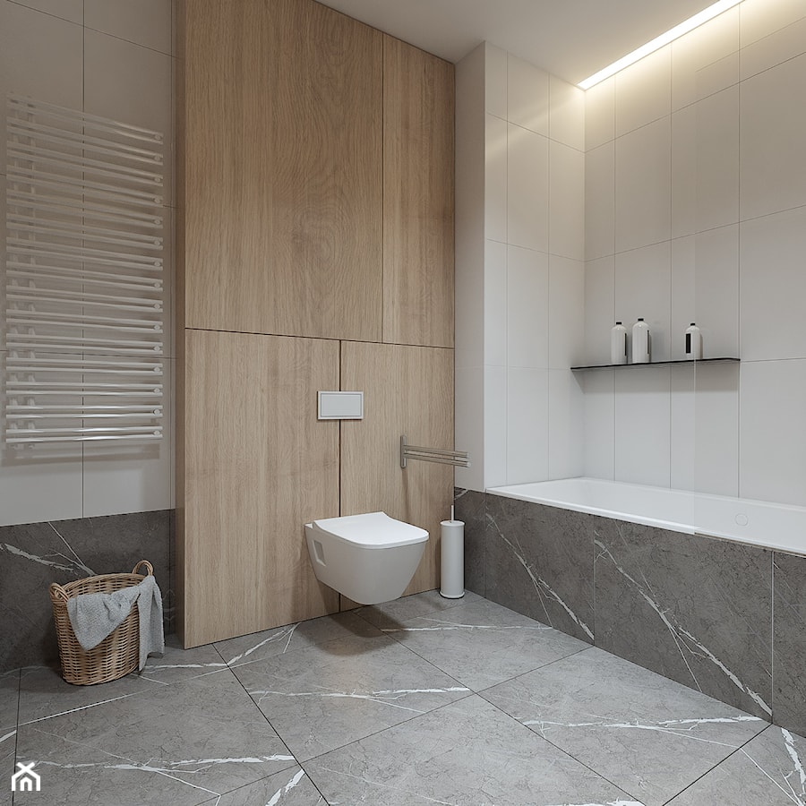 Projekt wnętrz mieszkania w Toruniu /4/ - łazienka w bieli i drewnie - zdjęcie od YONO Architecture