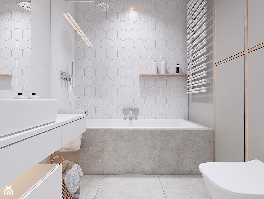 Projekt wnętrz mieszkania w Poznaniu /4/ - łazienka w bieli i szarościach 2 - zdjęcie od YONO Architecture