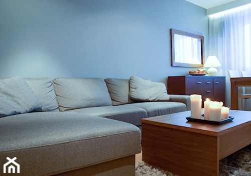 Mieszkanie 80m2 - Średni niebieski salon z jadalnią, styl nowoczesny - zdjęcie od iHome Studio
