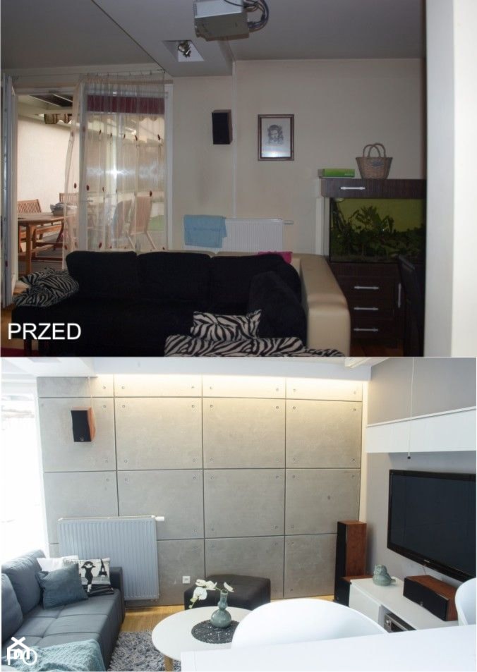 Metamorfoza mieszkania 70m2 - Mały szary salon, styl nowoczesny - zdjęcie od iHome Studio