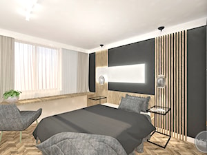 mieszkanie 55m2 - Średnia beżowa szara z biurkiem sypialnia, styl nowoczesny - zdjęcie od MK STUDIO PROJEKTOWE