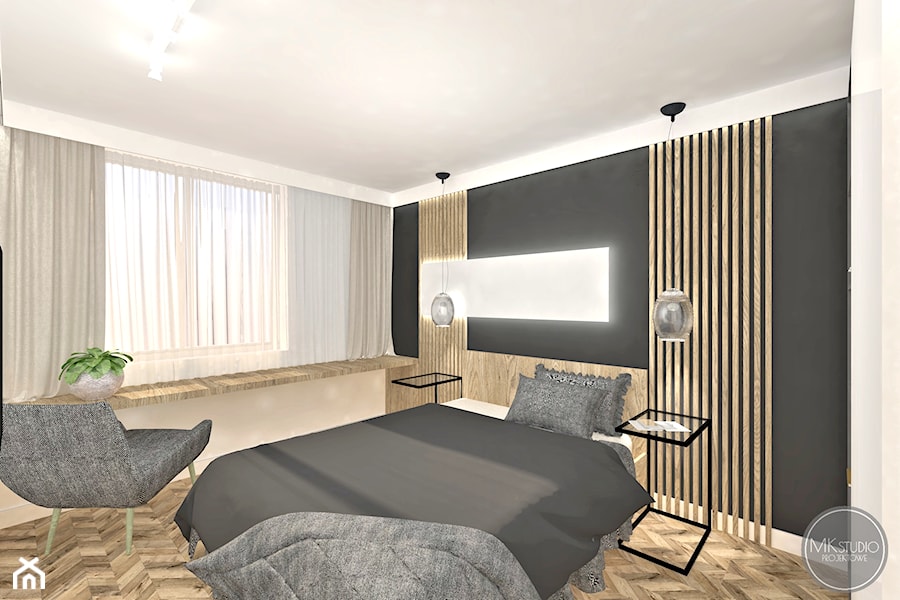 mieszkanie 55m2 - Średnia beżowa szara z biurkiem sypialnia, styl nowoczesny - zdjęcie od MK STUDIO PROJEKTOWE