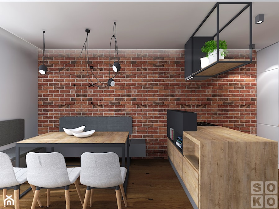 Dom w Ścinawie - Duża brązowa szara jadalnia w kuchni, styl industrialny - zdjęcie od Studio Soko