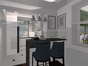 dom pod Warszawą - Średnia otwarta z salonem z kamiennym blatem biała z zabudowaną lodówką z nablatowym zlewozmywakiem kuchnia w kształcie litery g z oknem z marmurem nad blatem kuchennym, styl glamour - zdjęcie od komplet-studio design