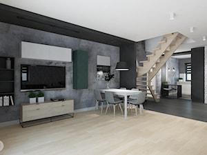 DOM 01. Mogilno - Duży czarny szary salon z kuchnią z jadalnią, styl nowoczesny - zdjęcie od Projekt M pracownia architektoniczna