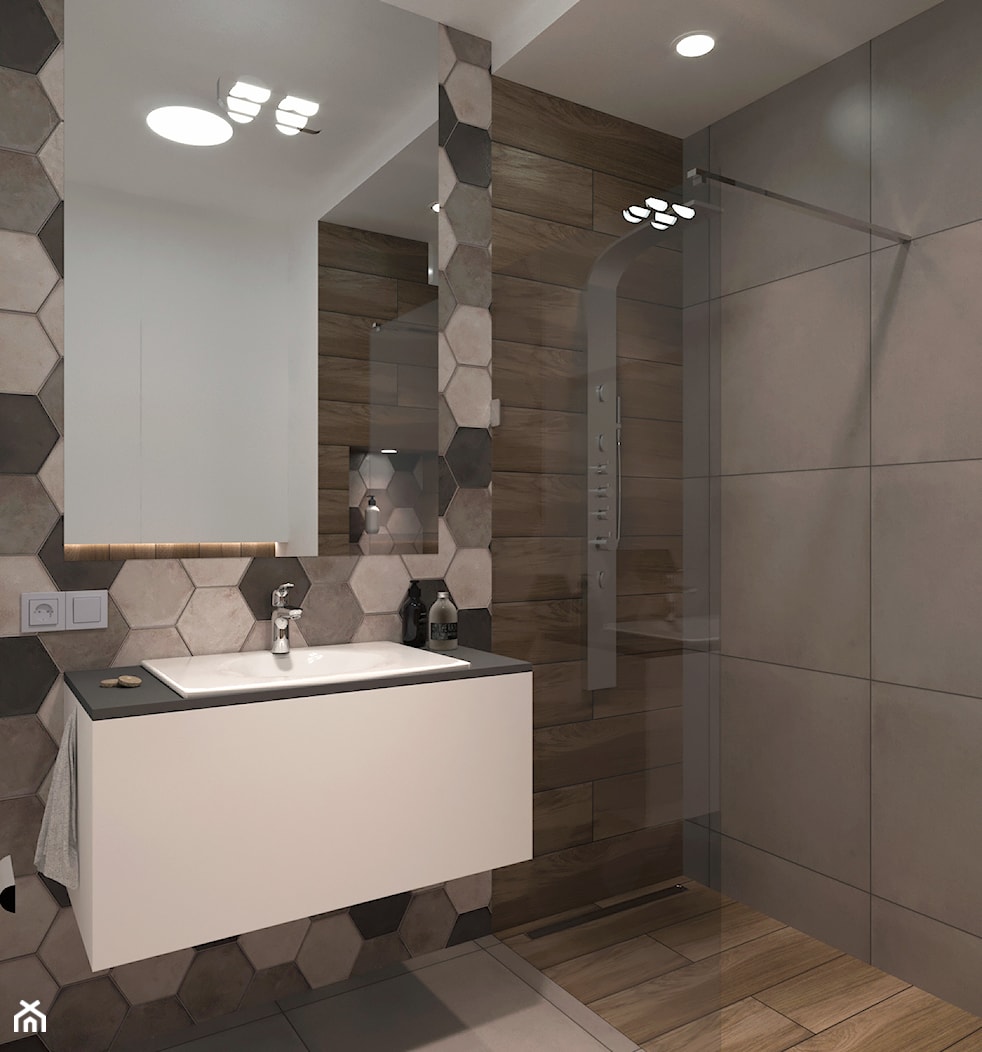 gres drewnopodobny z płytkami heksagonalnymi w łazience - zdjęcie od NOOMO studio architektury - Homebook