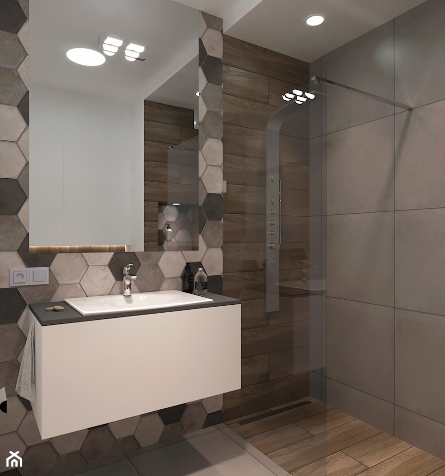gres drewnopodobny z płytkami heksagonalnymi w łazience - zdjęcie od NOOMO studio architektury