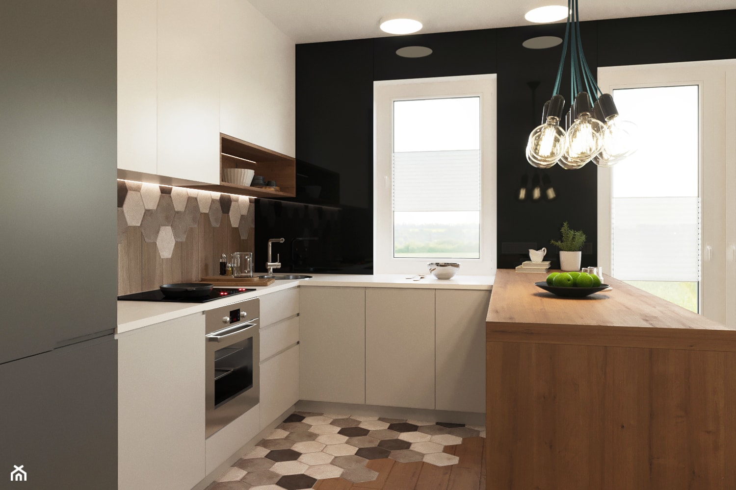 Płytki heksagonalne na ścianie i na podłodze w kuchni - zdjęcie od NOOMO studio architektury - Homebook