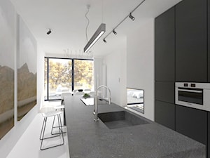 Apartament w Gdyni - Duża otwarta z kamiennym blatem biała z zabudowaną lodówką z podblatowym zlewozmywakiem kuchnia dwurzędowa z wyspą lub półwyspem z oknem z marmurową podłogą, styl minimalistyczny - zdjęcie od MUKA MARCIN KUPTEL