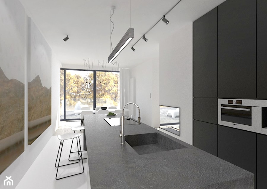 Apartament w Gdyni - Duża otwarta z kamiennym blatem biała z zabudowaną lodówką z podblatowym zlewozmywakiem kuchnia dwurzędowa z wyspą lub półwyspem z oknem z marmurową podłogą, styl minimalistyczny - zdjęcie od MUKA MARCIN KUPTEL