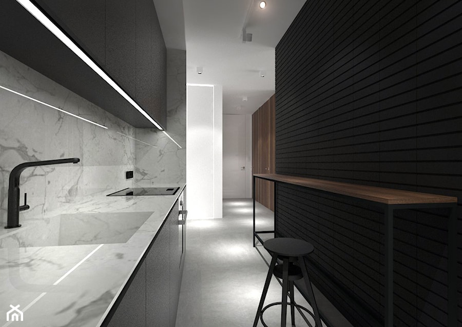 Mieszkanie w Gdańsku-styl minimalistyczny - Średnia otwarta czarna szara z zabudowaną lodówką z podblatowym zlewozmywakiem kuchnia jednorzędowa z marmurem nad blatem kuchennym, styl minimalistyczny - zdjęcie od MUKA MARCIN KUPTEL