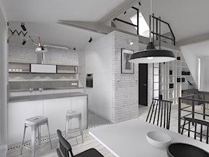 Adaptacja strychu-Gdańsk - Średnia otwarta z salonem z kamiennym blatem biała szara z zabudowaną lodówką kuchnia w kształcie litery l z oknem, styl skandynawski - zdjęcie od MUKA MARCIN KUPTEL