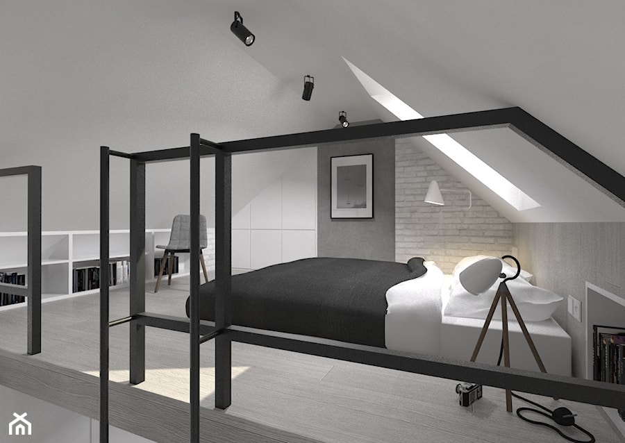 Adaptacja strychu-Gdańsk - Średnia biała szara sypialnia na poddaszu, styl skandynawski - zdjęcie od MUKA MARCIN KUPTEL