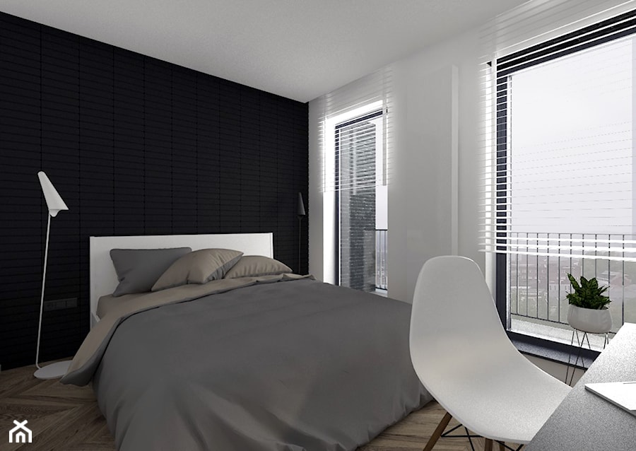 Mieszkanie w Gdańsku-styl minimalistyczny - Mała biała czarna z biurkiem sypialnia z balkonem / tarasem, styl minimalistyczny - zdjęcie od MUKA MARCIN KUPTEL