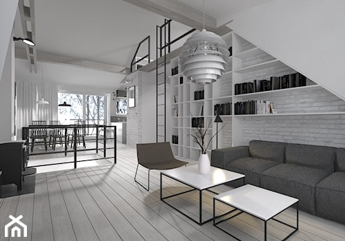 Adaptacja strychu-Gdańsk - Duży biały salon z jadalnią, styl skandynawski - zdjęcie od MUKA MARCIN KUPTEL