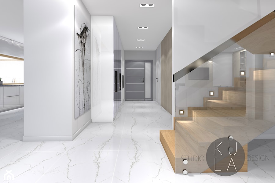 Projekt domu jednorodzinnego - Duży biały szary z marmurem na podłodze hol / przedpokój, styl nowoczesny - zdjęcie od studio KULA design | Lublin