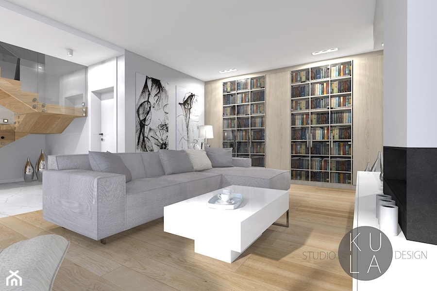 Projekt domu jednorodzinnego - Średni biały salon z bibiloteczką, styl nowoczesny - zdjęcie od studio KULA design | Lublin