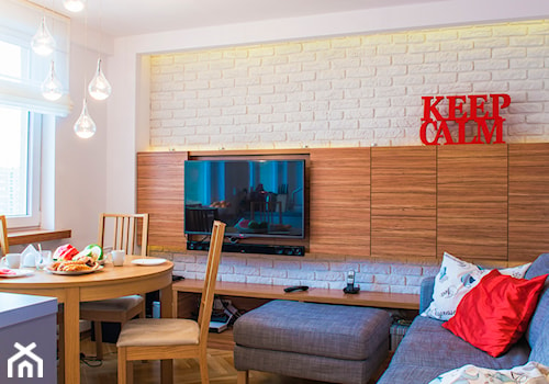 Mieszkanie na warszawskiej Woli - Duża beżowa jadalnia w salonie, styl nowoczesny - zdjęcie od TiM Grey Projektowanie Wnętrz