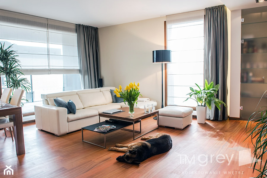 Wilanowski Apartament - Średni biały salon z jadalnią, styl nowoczesny - zdjęcie od TiM Grey Projektowanie Wnętrz