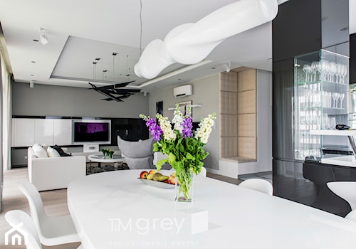Nowoczesny Wilanów 137m2 - Średnia biała szara jadalnia w salonie, styl nowoczesny - zdjęcie od TiM Grey Projektowanie Wnętrz