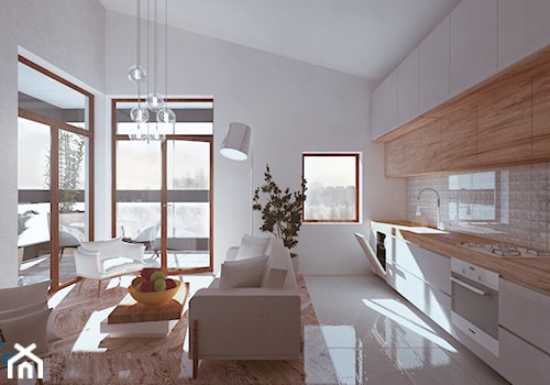 Apartament wysokość 4,5m - Salon z aneksem - Nowa Piastowska - Mały biały salon z tarasem / balkonem, styl minimalistyczny - zdjęcie od DEVELOPER STUDIO