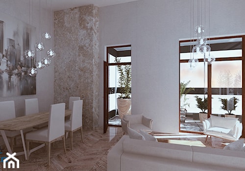 Apartament wysokość 4,5m - Salon z aneksem - Nowa Piastowska - Średni biały salon z jadalnią z tarasem / balkonem, styl nowoczesny - zdjęcie od DEVELOPER STUDIO