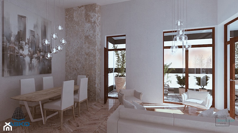 Apartament wysokość 4,5m - Salon z aneksem - Nowa Piastowska - Średni biały salon z jadalnią z tarasem / balkonem, styl nowoczesny - zdjęcie od DEVELOPER STUDIO