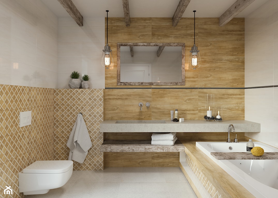 łazienka w stylu eco w odcieniach beżu i drewna