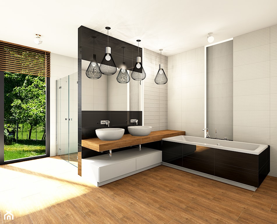 czarno-biała łazienka, płytki drewnopodobne, drewno w łazience