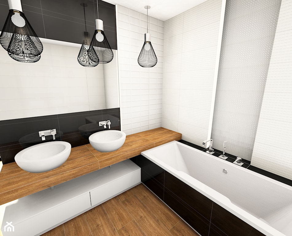 czarno-biała łazienka, płytki drewnopodobne