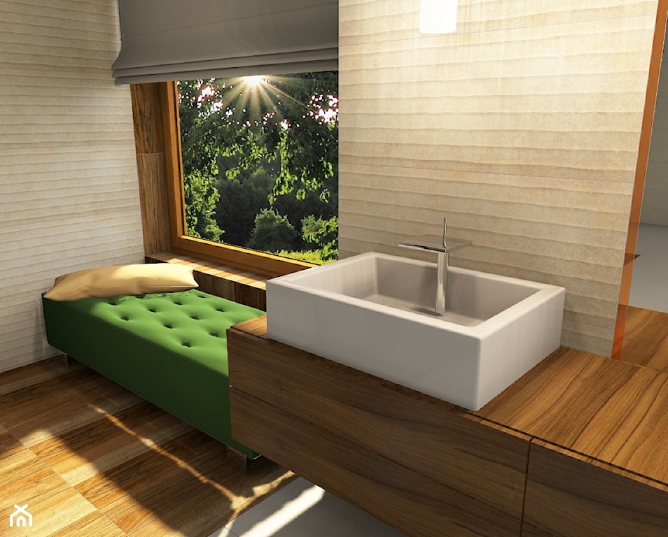 zielone siedzisko w łazience, umywalka nablatowa