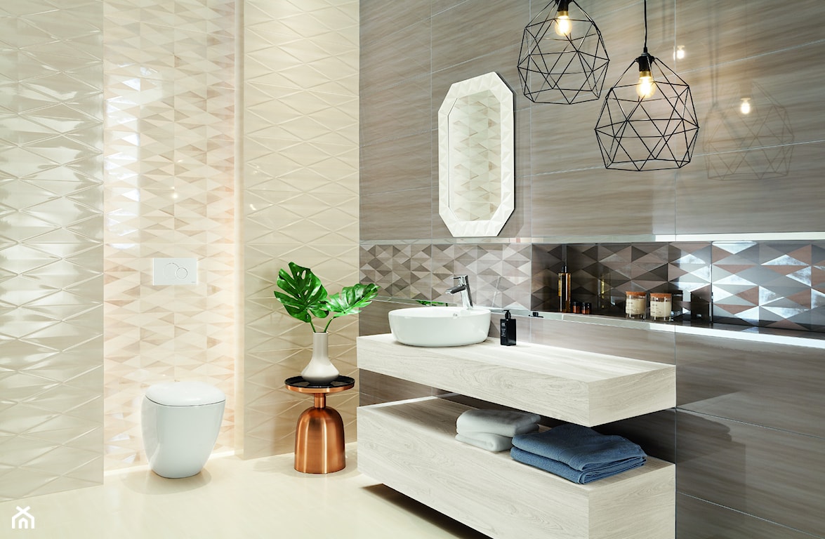 łazienka w stylu minimalistycznym z płytkami w geometryczne wzory