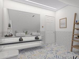 Łazienka w stylu skandynawskim - Średnia na poddaszu bez okna z lustrem z dwoma umywalkami łazienka, styl skandynawski - zdjęcie od pracowniakre5ek