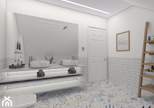 Łazienka w stylu skandynawskim - Średnia na poddaszu bez okna z lustrem z dwoma umywalkami łazienka, styl skandynawski - zdjęcie od pracowniakre5ek