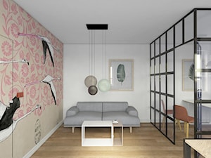 Biuro/gabinet - Duże w osobnym pomieszczeniu z sofą z zabudowanym biurkiem beżowe białe biuro, styl industrialny - zdjęcie od pracowniakre5ek