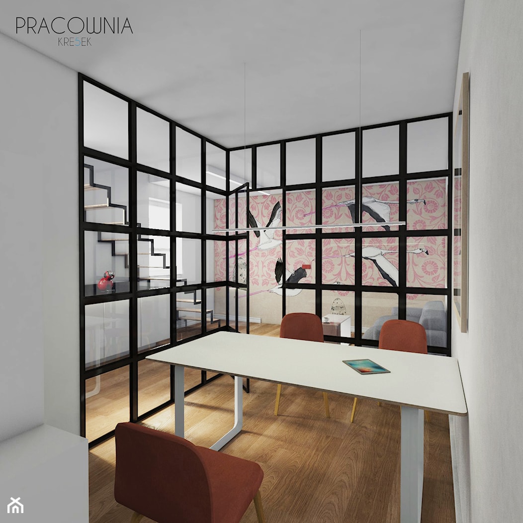 Biuro/gabinet - Duże w osobnym pomieszczeniu z sofą białe biuro, styl industrialny - zdjęcie od pracowniakre5ek - Homebook