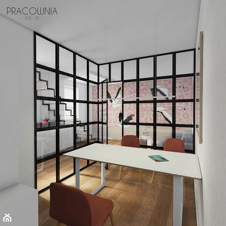 Biuro/gabinet - Duże w osobnym pomieszczeniu z sofą białe biuro, styl industrialny - zdjęcie od pracowniakre5ek