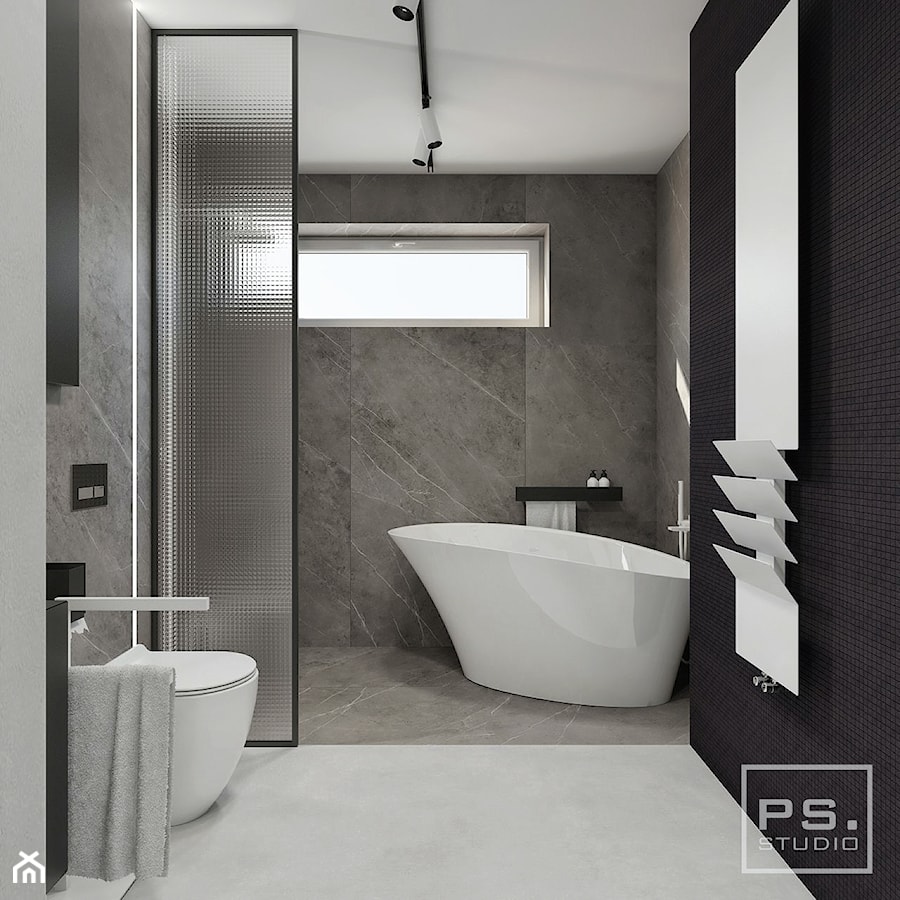 PS | 5 - Średnia z marmurową podłogą z punktowym oświetleniem łazienka z oknem, styl nowoczesny - zdjęcie od PS.STUDIO